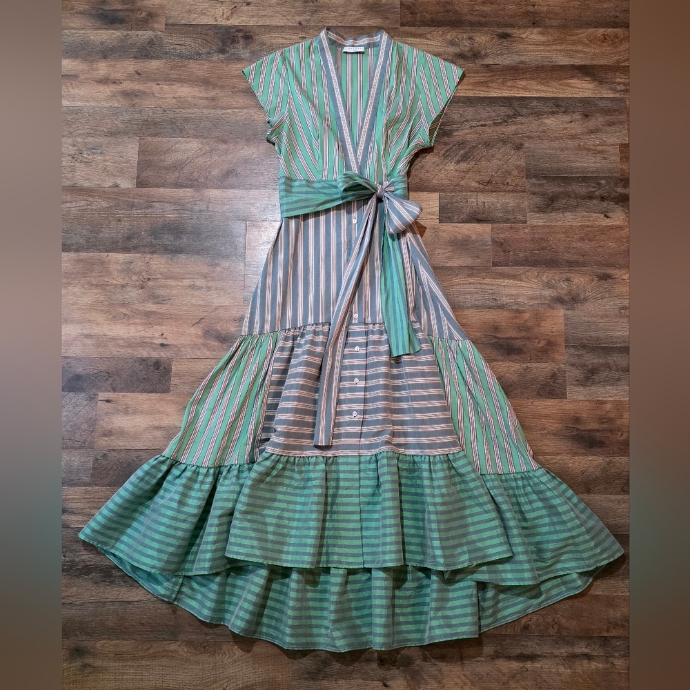 Sandro Paris Women's Green Striped Button Front Wrap Dress Size 36 - Picture 3 of 12